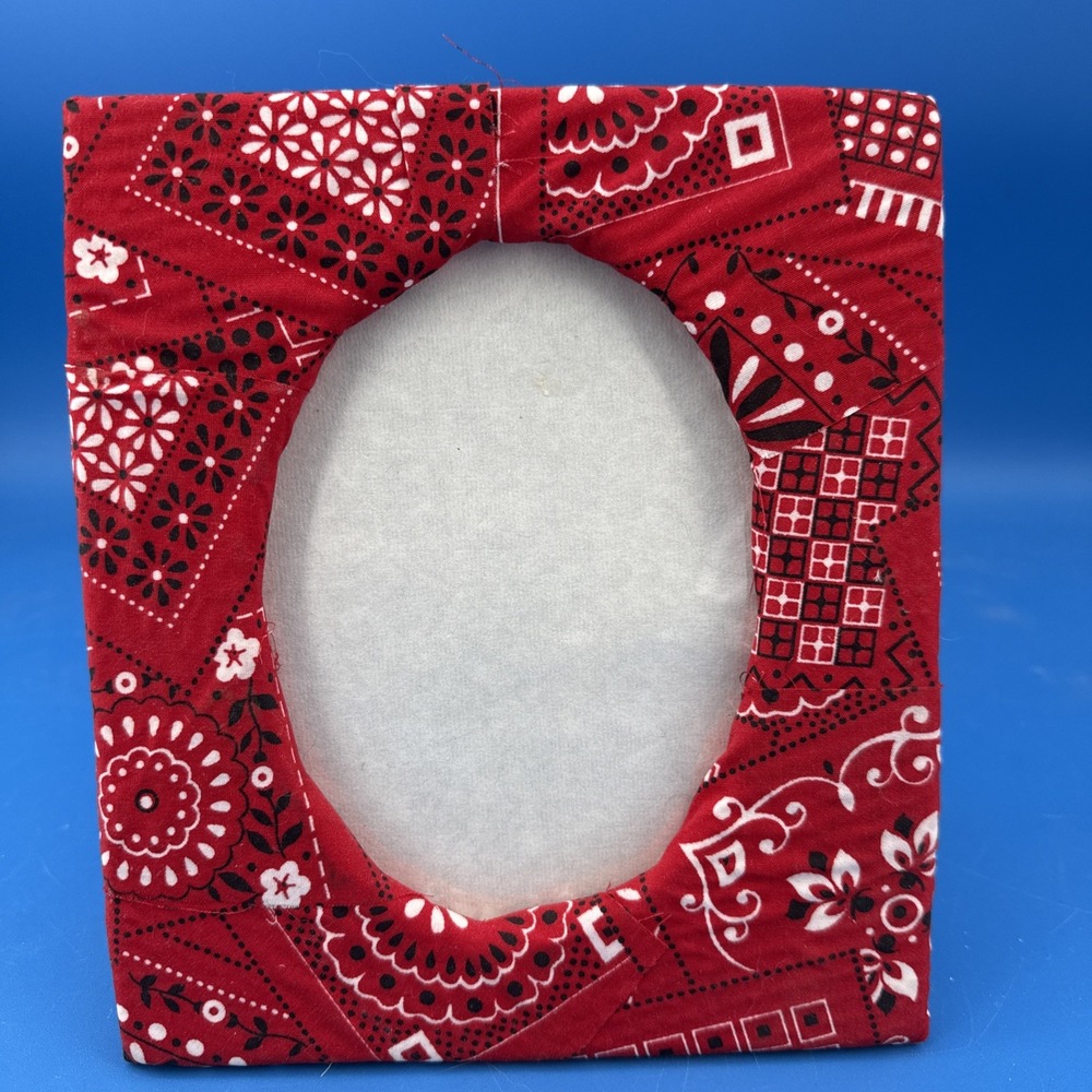 Vintage Handmade Red Bandana Fabric Picture Photo Frame 8.5x7.25" Stand Alone
